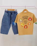 ست تی شرت پنبهای چاپی و شلوارک جین 1135 - Image 2