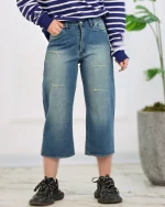 شلوار جين كراپ وايد لگ زنانه تیره 1175 - Image 3